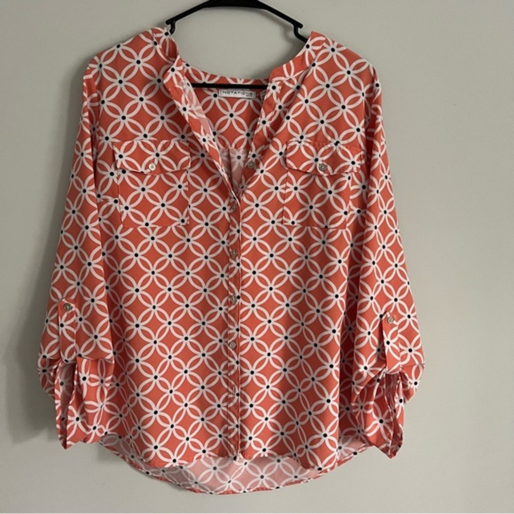 Notations Peachy Orange Abstract Floral Print V Neck Button Down Blouse